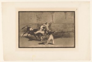 O touro é agarrado por toureiros
Cogida de un Moro estando en la plaza
Tourada (título da série)
La Taureaumachie (título da série)
La Tauromaquia (título da série) de Francisco de Goya
