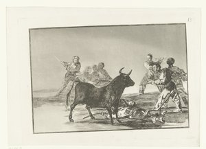 Stierenvechten rondon em stier Brincando com o canalha com lanças. meias-luas, banderillas e outras armas Stierenvechten (título da série) Tourada (título da série) de Francisco de Goya