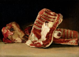 Ainda vida de costelas de ovelhas e cabeça - o contador de açougueiro