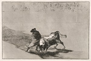 O inteligente estudante de Falces enfurece o touro ao se mover envolto em sua capa, 1814-16 de Francisco de Goya