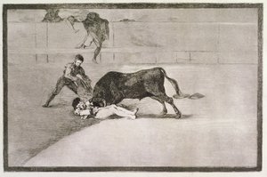 A azarada morte de Pepe Hillo (Jose Delgado) no ringue em Madri no dia 11 de maio de 1801, prato 33 de &39;The Art of Bullfighting&39;, pub. 1816 de Francisco de Goya