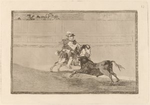 Un caballero espanol en plaza quebrando rejoncillos sin auxilio de los chulos (Um cavaleiro espanhol montado no ringue quebrando lanças curtas sem a ajuda de assistentes) de Francisco de Goya