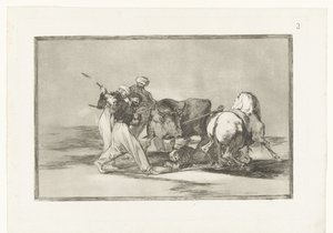 Vier mannen jagen op een stier Os mouros estabelecidos na Espanha, dispensando as superstições de seu Alcorán, adotaram esta caça e arte, e lançam um touro no campo Stierenvechten (título da série) Tourada (título da série) de Francisco de Goya