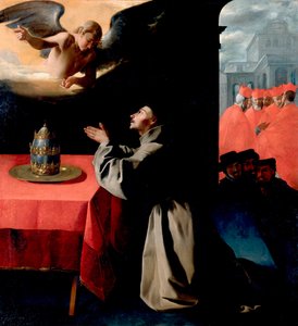"São Boaventura (Giovanni di Fidanza, chamado Doutor Seráfico, São Boaventura) (1221-1274) em oração" Pintura de Francisco de Zurbaran (1598-1664) 1629 Dim 239x222 cm Gemaldegallerie, Dresden Alemanha de Francisco de Zurbaran