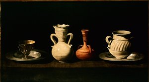 Jarras de Natureza Morta, panelas. Pintura de Francisco de Zurbaran (1598-1664) 1633 Sol. 46x84 cm Madrid, Museu do Prado de Francisco de Zurbaran