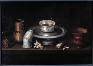 O pequeno-almoço de chocolate da taça de chocolate, chávenas. Pintura de Francisco de Zurbaran (1598-1664). Besancon do século XVII, Museu de Belas Artes de Francisco de Zurbaran