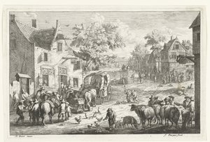 Vista da vila com viajantes e comerciantes de gado na pousada de Franciscus de Bargas