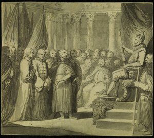 Czar Vasili IV Ivanovich Shuisky diante do rei Sigismundo III Vasa, final do século XVIII.