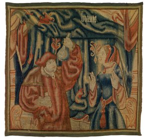 Fragmento de tapeçaria representando um interior com um médico e uma mulher, Beaute, francesa ou flamenga, feita no início do século XVI (lã)
