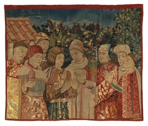 Fragmento de tapeçaria não identificado com oito figuras, possivelmente uma Disputa, 2ª metade do século XV (lã)