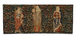 Tapeçaria "Mille fleurs", frente de altar, representando três santos, Santa Ana, Santa Clara e Santa Eufémia, fabrico c.1500, francês ou flamengo (lã)