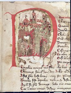 Ms Est 27 W 8.17 f.1r Inicial Historiada representando Átila, o Huno (c.406-453) queimando a cidade de Áquila da Guerra de Átila por Nicola da Casola de Franco Italian School