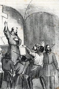 Quarta Guerra Veno-Otomana: a Igreja chamando a vencer os muçulmanos na véspera da batalha naval de Lepante que despertou em 7 de Outubro de 1571 no Golfo de Patras, Grécia (coligação cristã na véspera da batalha de Lepanto durante o OtomanoðVeneti de Franco Mistrali