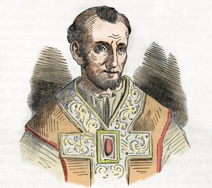 Idade Média: representação do Papa Nicolau I o Grande (Nicola I, Nicolau ou Nicolo ou Niccolo ou Nicolaus) (858-867) desenho de "I misteri del vaticano" de Franco Mistrali 1843