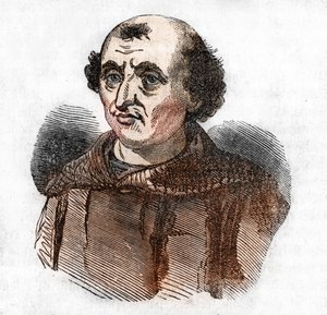 Retrato de Arnaud de Brescia (Arnaldo da brescie) (1090 - 1155), reformador político e religioso italiano (Arnold de Brescia ou arnaldus cânone italiano regular da Lombardia) Desenho de "Misteri del vaticano" de Franco Mistrali de Franco Mistrali