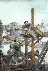 Refugiados caçados pelos hunos de Átila instalam as fundações da cidade de Veneza, século V (Fundação de Veneza pelos refugiados caçados pelo bárbaro de Átila, século V) Desenho de "I misteri del vaticano" de Franco Mistrali 1846