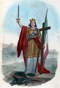 Risorgimento: Representação alegórica da Itália triunfante de pé sobre a serpente da igreja corrompida e erguendo uma espada com uma cruz e uma bandeira, símbolos do risorgimento político, religioso e civil) Frontispice pneu de "I misteri del vaticano" por de Franco Mistrali
