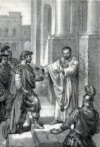 O arcebispo Santo Ambrósio de Milão (Aurelius Ambrosius, Ambrogio di Milano (340-397) proibiu a entrada da igreja ao imperador romano Theodosius I (Flavius Theodosius) (347-395) para o castigar pelo massacre de Tessalónica em 390 - Excommunicati de Franco Mistrali