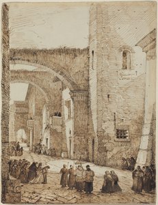 Um sacerdote em procissão por uma rua medieval em Viterbo de Francois-Marius Granet