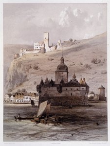 Chateau a Pfalz, Alemanha. Em "O monumental e pitoresco Reno". Litografias de Fourmais e Stroobant