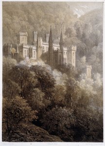 Castelo numa montanha na Alemanha. Em "O monumental e pitoresco Reno". Litografias de Fourmais e Stroobant