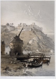 Chateau Saint Coar e Rheinfelds. Em "O monumental e pitoresco Reno". Litografias de Fourmais e Stroobant