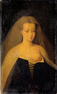 Retrato de Agnes Sorel (1422-1450) (Lady of Beaute sur Marne) (Beaute-sur-Marne), favorita do Rei Carlos VII (1422-1461) Seu peito é desnudado. Pintura de Philippe Comairas (1803-1875), depois de François Clouet. 1833 Sol. 0,3x0,19 m Versailles, musee du c