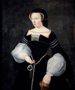Retrato de Diane de Poitiers, Dama de Breze, Duquesa de Valentinois (1499-1566) - vestindo o luto (em traje de viúva) de seu marido Louis de Breze, que morreu em 1531 e segurando um espelho na mão por volta de 1550 Pintura de François Clouet (cerca de 1