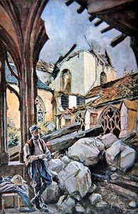 Batalha de Verdun: Soldado francês come as suas rações num claustro em ruínas da catedral.