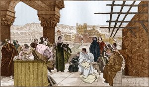 Pierre Abelard ou Abailard (1079-1142), filósofo e teólogo francês e sua escola na montanha Sainte Genevieve. A partir do afresco de François Flameng.