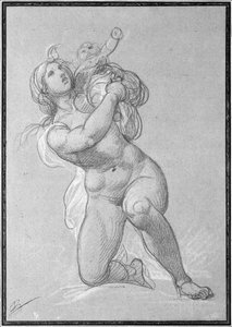 Mulher nua ajoelhada segurando uma criança, c.1781 (giz de cera vermelho e giz branco no papel)