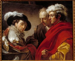 Retrato de Três Homens (O Artista, o Arquitecto Pierre Rousseau e um Desconhecido) Pintura de François André Vincent (1746-1816) 1775 Sol. 0,81x0,98 m .