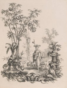 Menina chinesa caminhando, cercada por suas ovelhas, ca.1740-50.