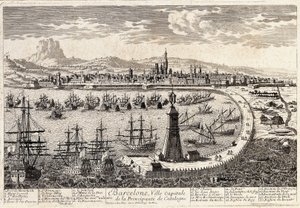 Vista da cidade e do porto de Barcelona no século XVIII. Gravura de François Antoine Aveline Barcelona, Museu d