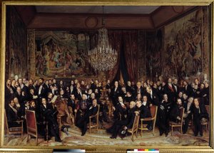 Noite no Louvre com o Conde de Nieuwerkerke Entre os presentes: François Marcellin Certain de Canrobert (1809-1895), Eugene Delacroix (1798-1863), Camille Doucet (1812-1895), Jacques Fromental Levy dit Halevy (1799-1862), Barão Georges Haussmann ( de François Auguste Biard