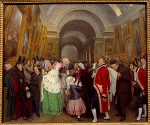 Quatro horas no encerramento do Salão da exposição anual de pintura na Grande Galeria do Louvre. Pintura de François Auguste Biard (1798-1882) 1847 Sol. 0,57x0,67 m