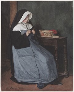 Uma freira sentada em uma mesa de tricô de François Bonvin