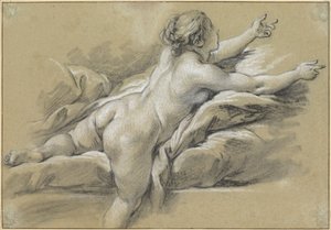 Uma mulher nua a esticar o braço para a direita de François Boucher