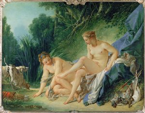 Diane au bain - Diana a banhar-se depois da caçada. O caramelo da lua no seu cabelo é o símbolo da água, a lua ... de François Boucher