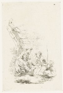 Três pessoas sentadas junto a uma árvore de François Boucher