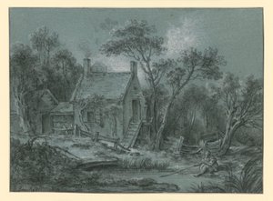 Casa com uma escadaria entre as árvores, com um pescador em frente de François Boucher