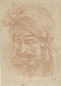 Cabeça de um oriental barbudo com turbante, vista de frente, olhando para baixo de François Boucher