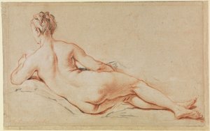 Nu feminino deitado, apoiado no braço esquerdo, visto de costas de François Boucher
