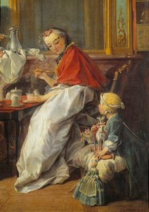 Mãe e filha. Detalhe do "Café da manhã". Uma menina e as suas bonecas observam a mãe a beber chocolate quente. Pintura de François Boucher (1703-1770) de François Boucher