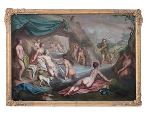 Óleo sobre tela. Pintura mitológica: Ártemis e o seu séquito são surpreendidos por Acteão enquanto tomam banho de François Boucher