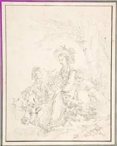 Camponesa a montar um boi com os seus companheiros de François Boucher