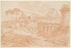 Paisagem com uma torre e uma ponte de François Boucher