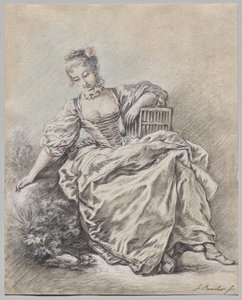 Mulher sentada a segurar uma gaiola de François Boucher
