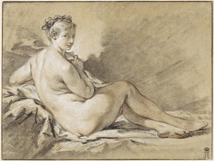Estudo de uma Fêmea Nua - Francois Boucher (1703-1770). Sangue, giz preto e branco sobre papel