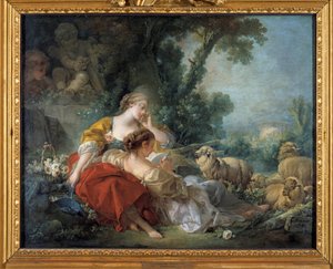 A Escola da Amizade Bucolique Cena: dois pastores e o rebanho. Pintura de François Boucher (1703-1770) 1760 Karlsruhe. Staatliche Kunsthalle de François Boucher